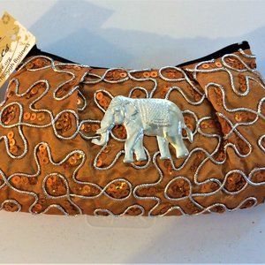 Latitudes Embroidered Copper Elephant Clutch Bag